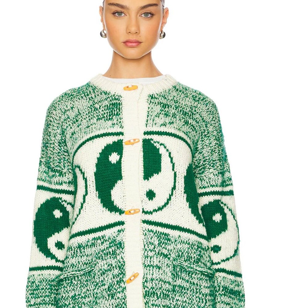 MOTHER Denim Long Drop Cardigan in Forest and Cream